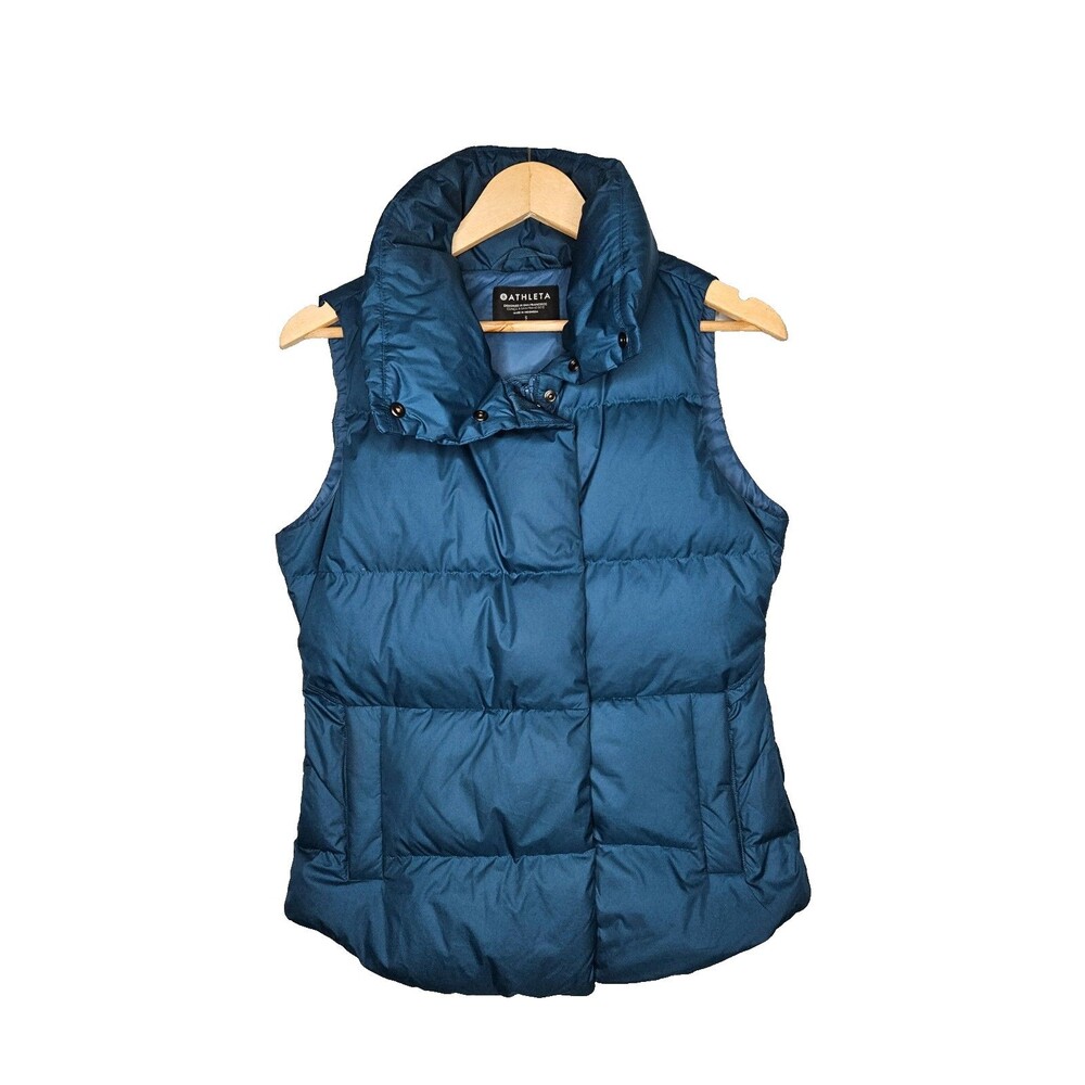 ATHLETA Downtown Puffer Vest Womens S Full Zip Quilted Pockets Teal Down Fill
